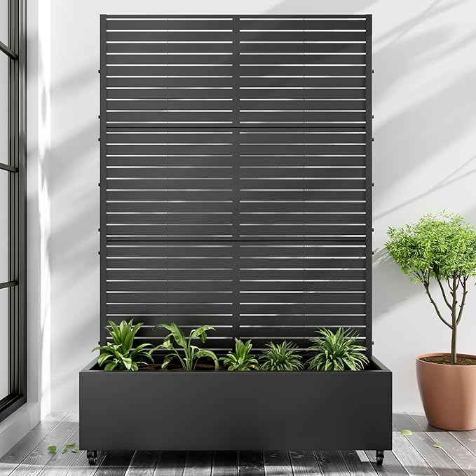 Casaphoria Metal Raised Garden Bed with Trellis and Wheels, 72"x47"x16" Planter Box for Climbing Plants, Vegetables & Vines, Features Drainage Holes and Privacy Screen (Black-Louvered)
