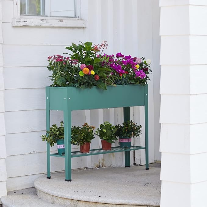 Raised Garden Bed, Elevated Planter Green Metal Plant Box with Legs Standing Garden Stand Drainage Holes Green (Green 40" L x 11" W x 31" H)