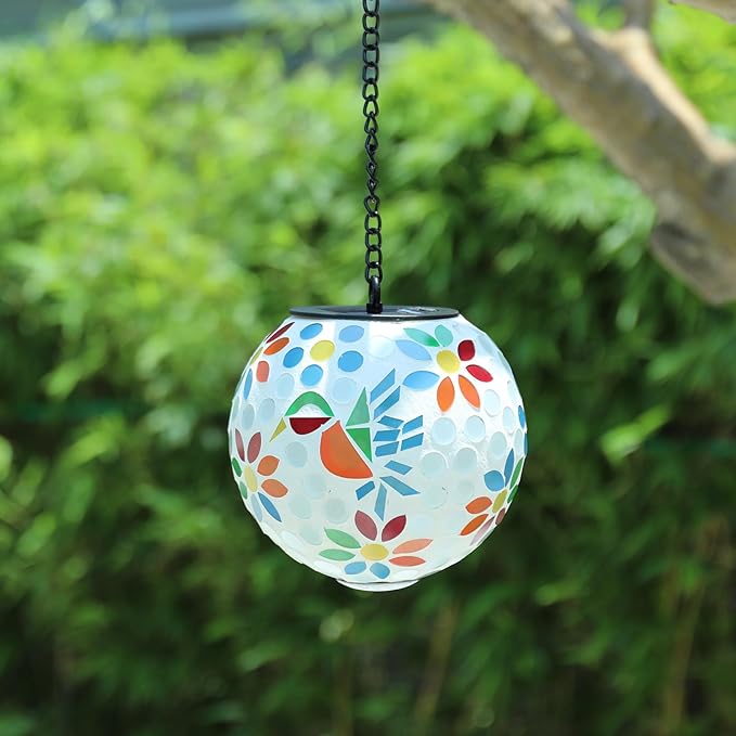 VCUTEKA Solar Chandelier Outdoor, Hanging Mosaic SolarLights with Hook Up, Solar Garden Lantern Decor for Yard, Deck and Patio, White