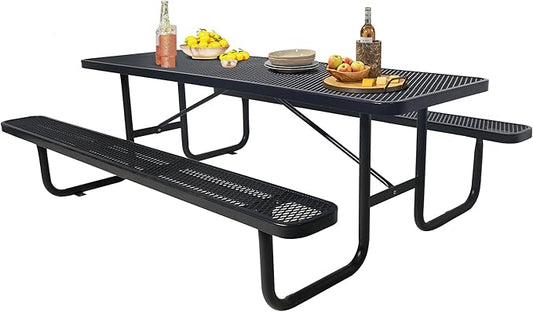 6FT Metal Picnic Tables for Outdoors, Commercial Rectangular Picnic Table and Bench Set for Outside, Patio, Garden, Backyard, Porch, Surface Mount, Black