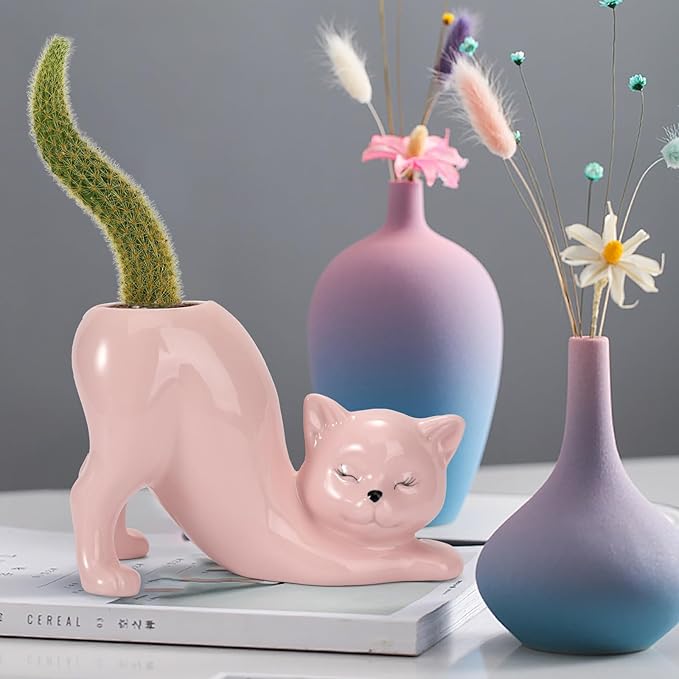 TOIVO Cat Planter Pot，Indoor and Outdoor Plant Displays，Funny Ceramics Cat Flower Pot，Cat Gifts for Cat Lovers，Lovely Office Desk Room Home Decor (Pink, Small)