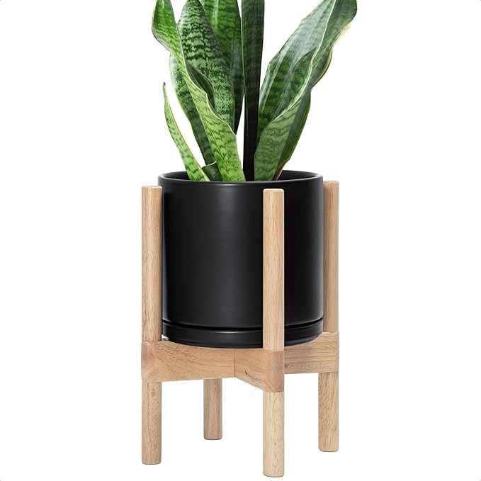 D'vine Dev Ceramic Planter with Natural Stand - 8 Inch Modern Round Flower Pot with Wood Planter Holder, Black, 55-B-N-2