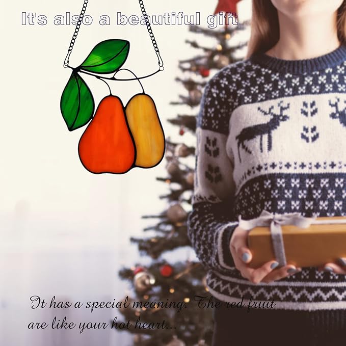 Stained Glass Window Hanging Orange pear Sun Catcher Home Decor Gifts for Christmas to Family and Friends