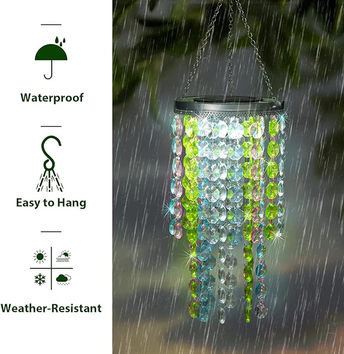 Hanging Solar Lantern Outdoor, 2 Tiers 21” Solar Multicolor Acrylic Beaded Chandelier with Cool White LED S Hooks for Garden Yard Patio Gazebo Outside Decor