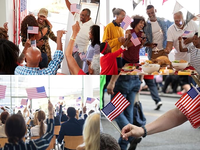 200pcs Small American Flags on Stick, Handheld 8 x 5.5 Inchs Mini American Flags with Kid-Safe Golden Spear Top, US Flags for 4th of July Decorations Outdoor, Independence Day Decorations