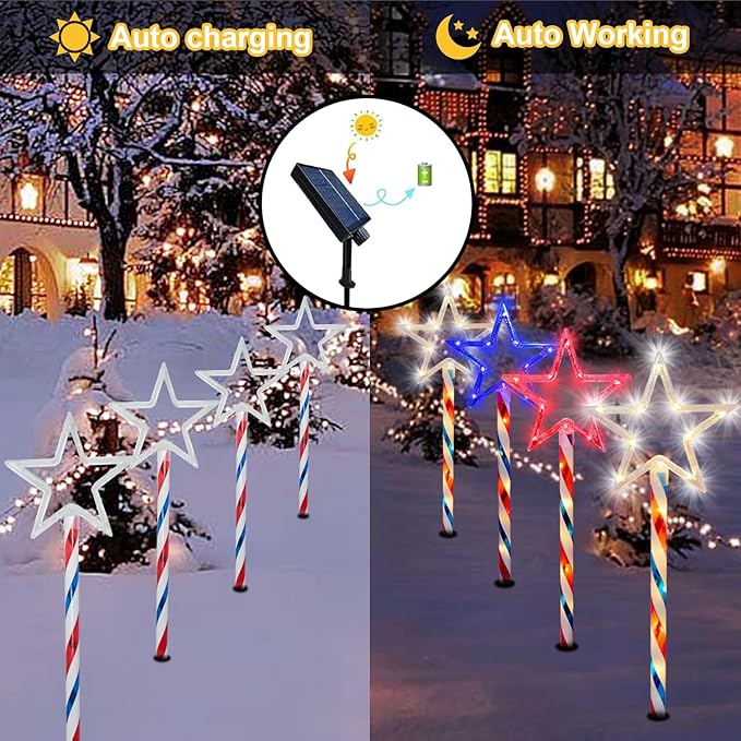 Solar Pathway Lights Outdoor 4th of July Decorations, 2 Sets of 6 Red White and Blue Star Walkway Lights With 180 LED, Waterproof Remote Control Timed Patio for Lawn Garden Decor