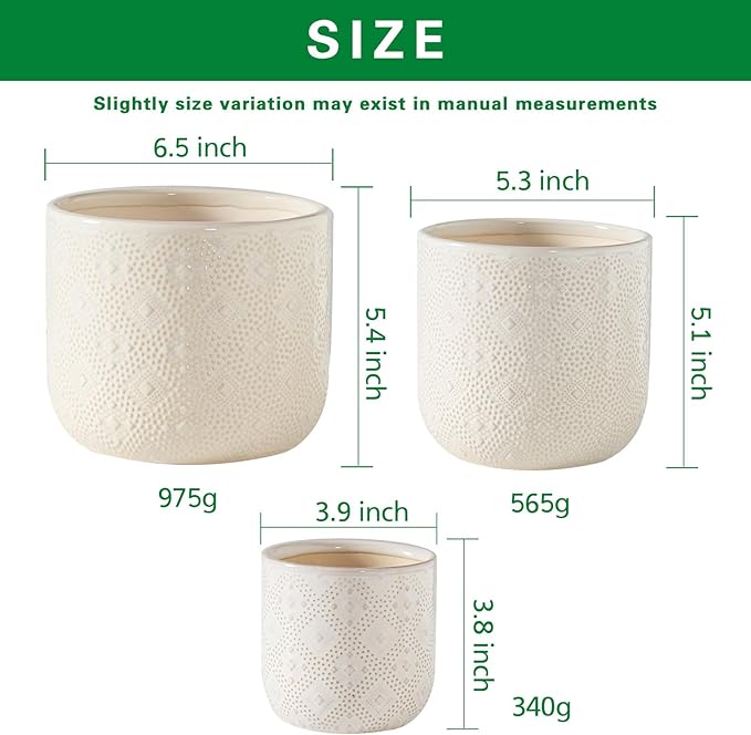 Docrin Ceramic Plant Pots Indoor：6.5+5.3+4 Inch Planters with Drainage Holes for Home /Office - Set of 3 / White