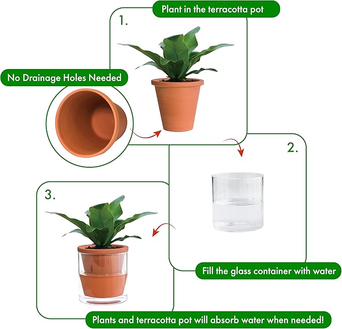 D'vine Dev 4 Inch Design Self Watering Pot for Indoor Plants, Terracotta Planter with Cylinder Glass Cup, 37-X-A-1