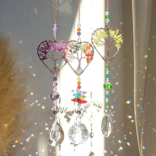 Crystal Sun Catcher Indoor Windows Hanging Tree of Life SunCatchers with Prisms, Chakra Decor for Home, Healing, Pack of 3