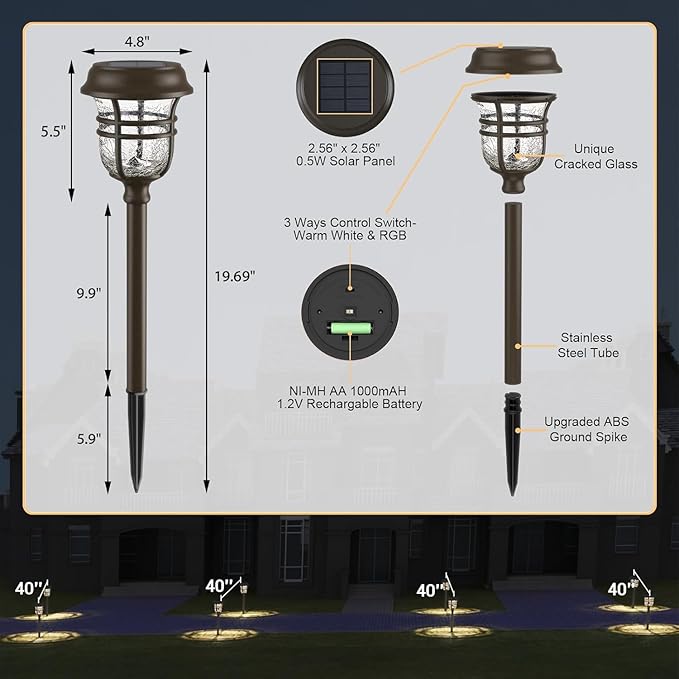 XMCOSY+ Solar Pathway Lights Outdoor 6 Pack, 2 Lighting Modes Warm White & RGB Auto Color Changing LED Solar Powered Garden Lights IP65 Waterproof for Yard Walkway Driveway Landscape Lawn Decorative