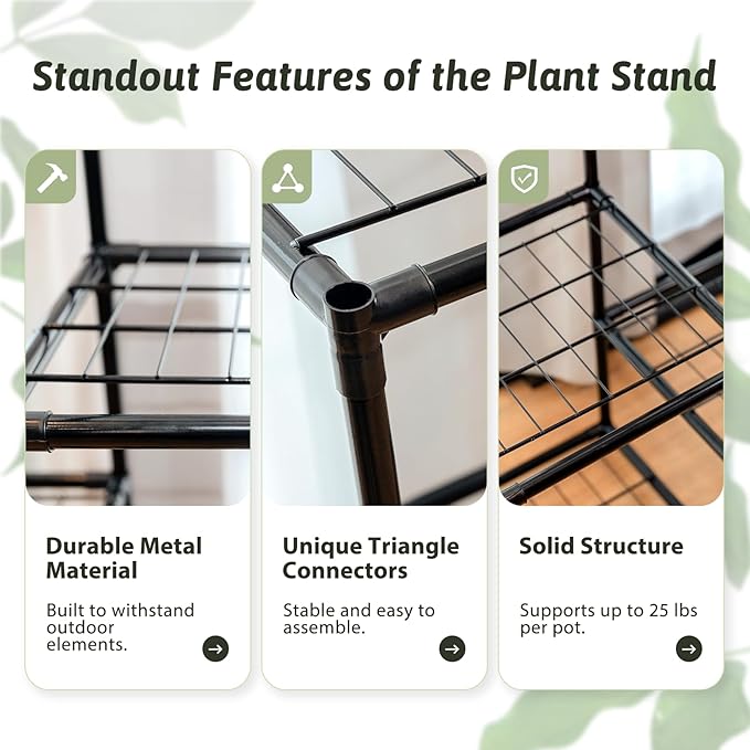 Plant Stand Indoor with Grow Lights Tall Plant Shelf Outdoor Plant Rack Metal Plant Holder Waterproof Black for Multiple Plants Table Flower Pot for Living Room Patio Balcony Garden