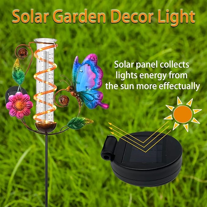 BAYN 36.3” Rain Gauge Outdoor Solar Powered 10 LEDs 7” Tube Garden Butterfly Metal Decorative Stake with Waterproof Large Glass Tube Rain Guage for Yard, Garden, Patio, Lawn