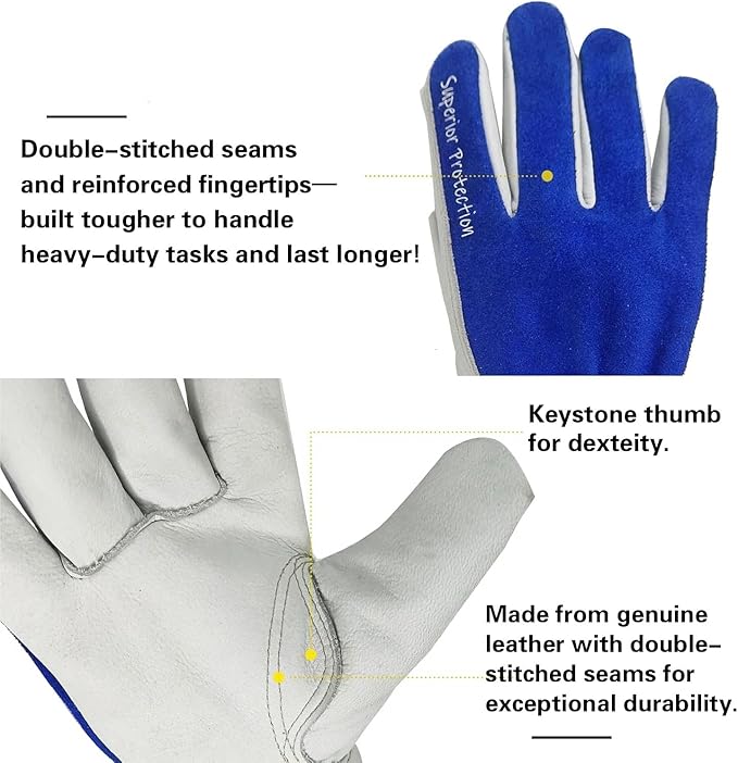 12 Pairs Bulk Leather Work Gloves for Men or Women for Construction, Wood cutting, Driving, Gardening, Automotive Repair, Water Resistant, Soft, Cowhide, Class 4 Abrasion Resistant, Blue-White, XL