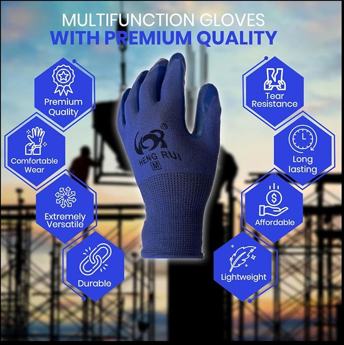 10 OR 20 Pairs Work Gloves–Heavy Duty Rubber Coated Safety Work Gloves–Multipurpose Gloves