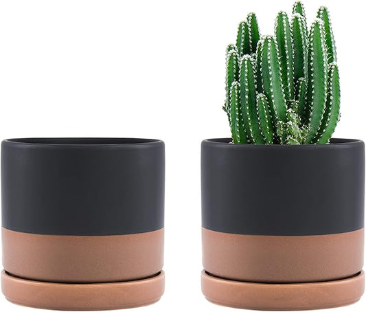 D'vine Dev Set of 2 Plants Pots, 4.6 Inch Ceramic Planter Pot for Plants with Drainage Hole and Saucer, Black/Speckled Tan, 94-V-B-7