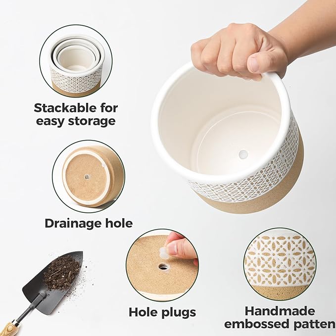 T4U Ceramic Planters for Indoor Plants, 4.2+5.4+6 Inch Plant Pots Set, Flower Pots with Drainage Holes and Plug, Ceramic Plant Pot for Indoor and Outdoor Plants, Morden Home Decor, Gifts for Mom