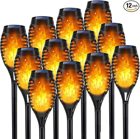 Outdoor Solar Lights, 12Pack Solar Torch Light with Flickering Flame, Garden Lights Waterproof for Outdoor Decor, Tiki Torches for Outside, Luces Solares para Exteriores Pathway Yard Garden Decor