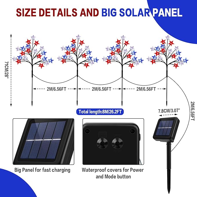 Solar 4th of July Stake Lights, Red White and Blue Lights Outdoor Decorations, Led Patriotic Lights Battery Operated for Memorial Day, July 4th, Veterans Day Outside Decor (4 in 1)