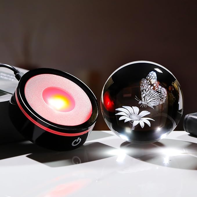 YWHL 3D Crystal Ball Butterfly and Flower Figurine with Colorful LED Base, Laser Butterfly Gifts for Women Men on Christmas Birthday, Crystal Ball Butterfly Decor Night Light for Home Decor (80mm)