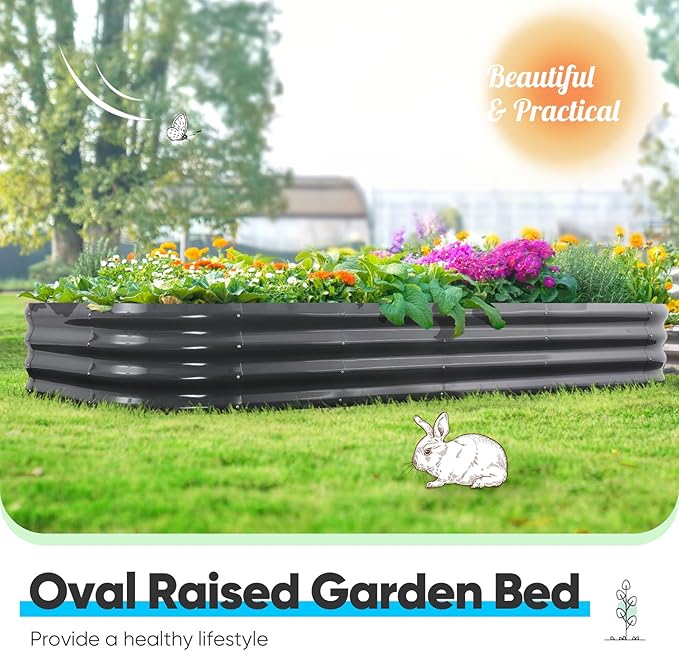 Quictent Galvanized Raised Garden Bed Kit, 6x3x1 ft Oval Metal Planter Box for Vegetables, Dark Grey