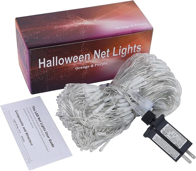 LJLNION Halloween Net Lights, 360 LED 12ft x 5ft Connectable Mesh Fairy String Lights, 8 Modes Low Voltage Safe Adaptor for Xmas Trees Bushes Wedding Outdoor Garden Yard Decorations, Orange & Purple