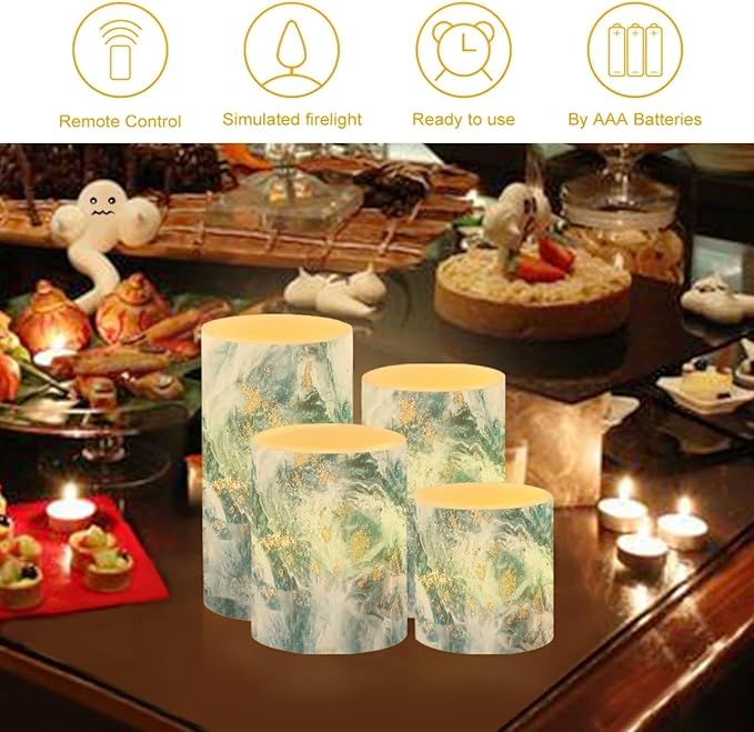 Flameless LED Battery Candles Pack of 4 Waterproof Pillar Candles Tealights with 18-Key Timer Remote Colorful Lights for Indoor Outdoor Home Outdoor Wedding Decor, Blue Gold Marble