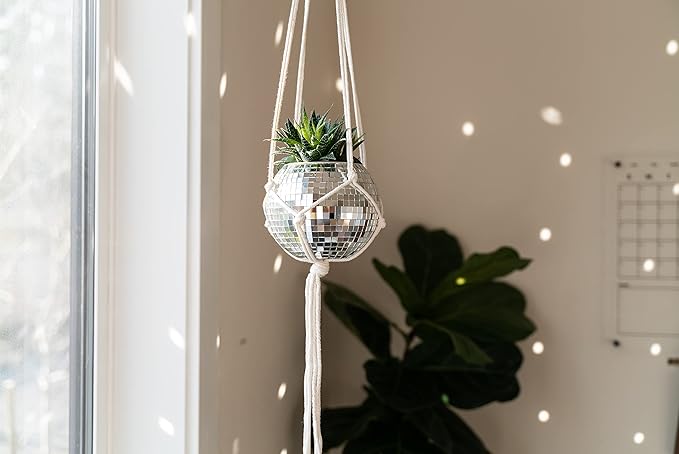 Hanging Disco Ball Planter 8" - with Acrylic Stand and Macrame Plant Hanger - Home Décor, Room Décor, Mirror Disco Planter, Disco Decor (6" with White Hanger, Flat Base)