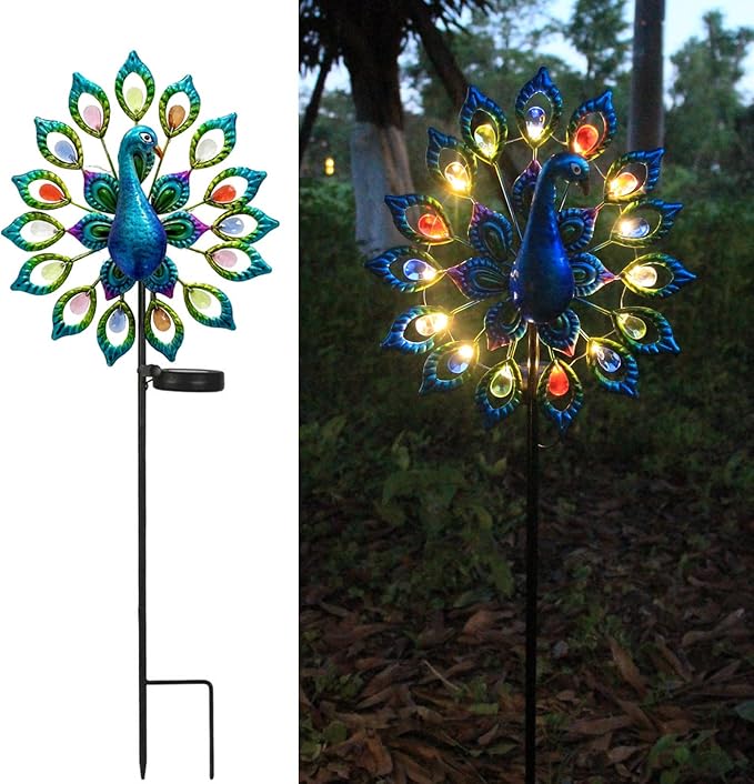 Outdoor Wind Spinner, Solar Garden Lights Metal Peacock Garden Decor,Solar Stake Lights Decorative for Patio Pathway Yard Decoration Mothers Day Ideal Gifts（Peacock Opens its Tail）