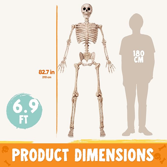 JOYIN 6.9 FT Halloween Skeleton Posable Plastic Full Body Realistic Human Bones with Movable Joints for Indoor Outdoor Halloween Props Spooky Scene Party Decorations（Yellow,No Screwdriver）