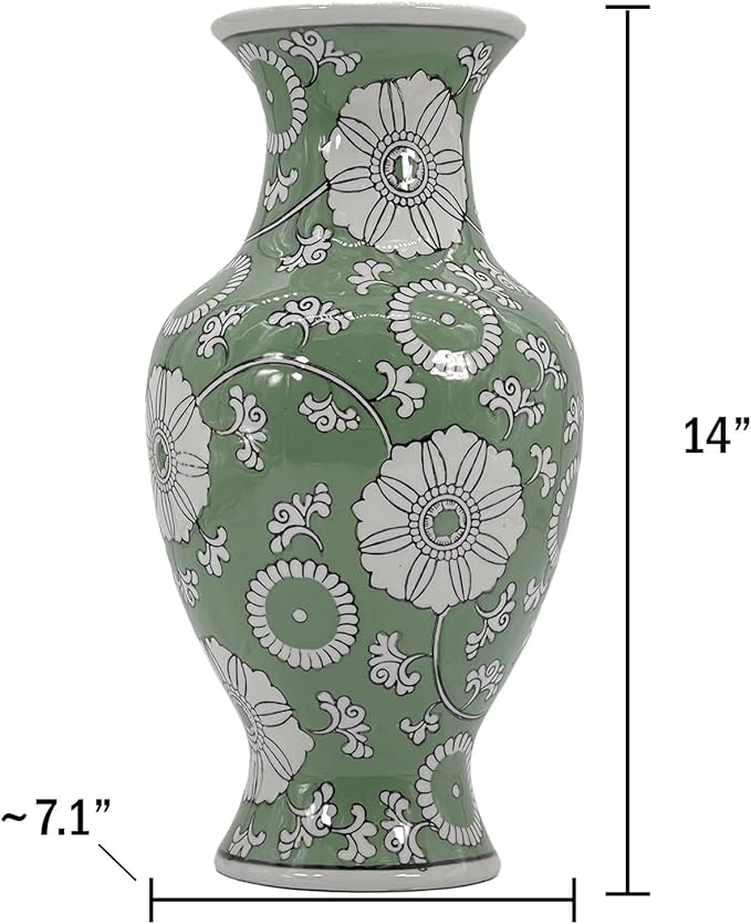 Galt International Floral Chinoiserie Ceramic Vase 14" - Hand Painted Antique Style Porcelain Flower Bottle Fishtail Porcelain Chinese Vase for Home Decor Centerpiece