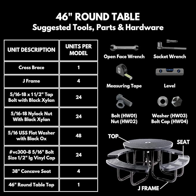 Heavy-Duty Portable Outdoor Picnic Table with Umbrella Hole, Punched Steel Commercial-Grade Patio Dining Furniture Made in America (46" Round Top, Textured Sandstone)