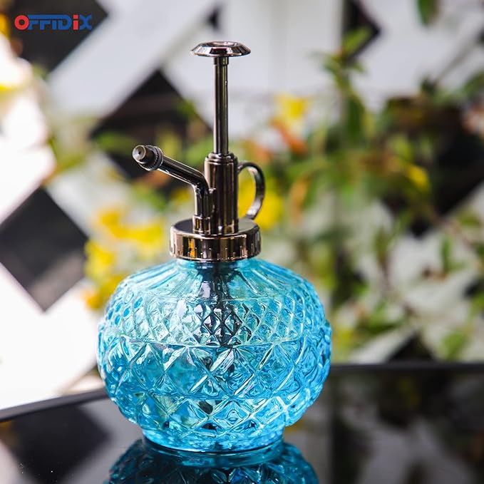 OFFIDIX Glass Plant Mister, 300ML Vintage Spray Bottle Plant Spritzer with Top Pump Fine Mist,Small Decorative Watering Can for Indoor Outdoor Succulent and Other Live Plants (Light Blue)