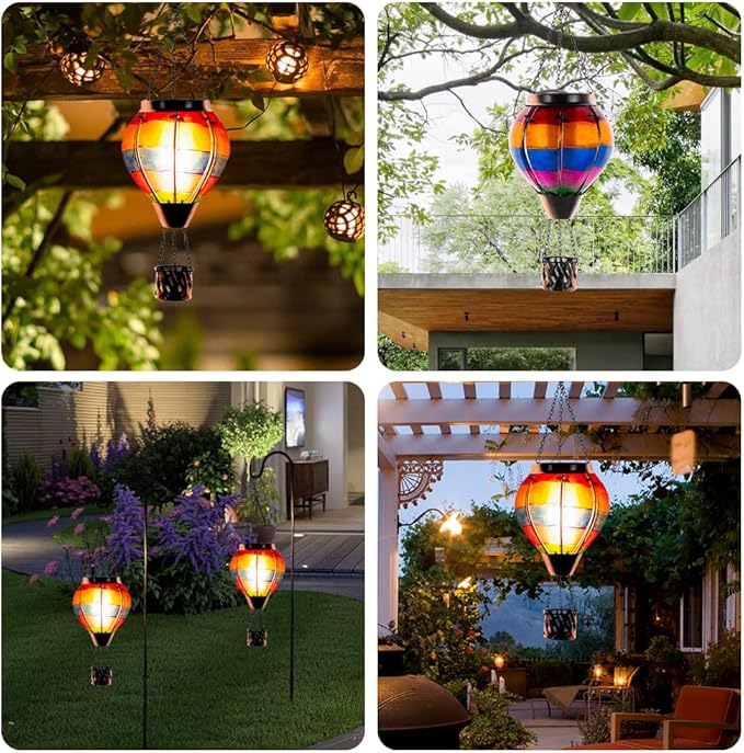 Unique Hot Air Balloon Solar Lantern with Flickering Flame, Handmade Glass Hanging Outdoor Lantern Waterproof Lantern Lamp for Patio, Garden, Porch