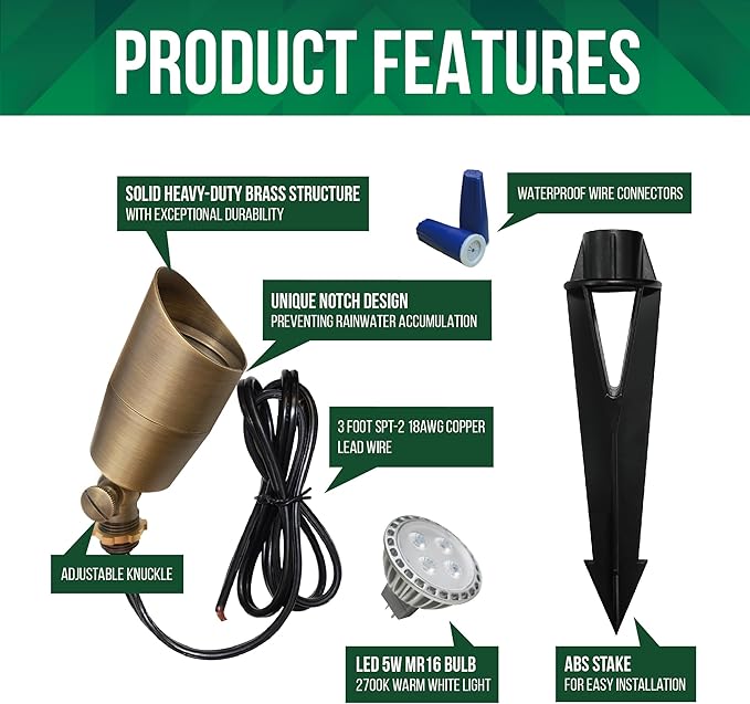 GKOLED Solid Brass Low Voltage Compact Spotlight, 12V AC/DC Waterproof Outdoor Landscape Spot Lights for House Trees Garden Yard Lawn, Up Light with 5W 2700K MR16 Bulb, Stake Included, 12 Pack