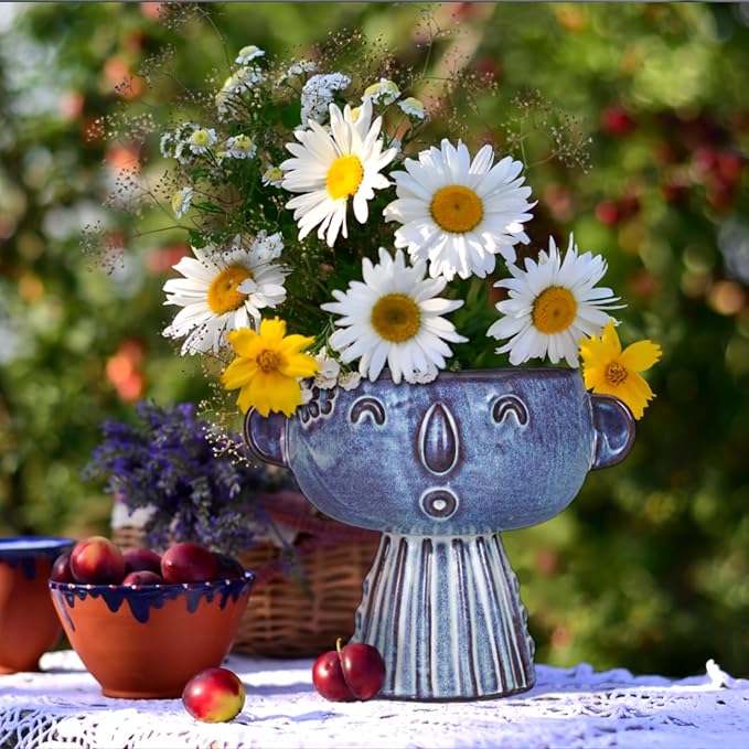 Planter, Ceramic Cute Face Flower Pot Head, Indoor Outdoor, Drainage Hole, 7x5x6 inches, Light Blue