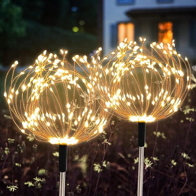 Solar Garden Lights Outdoor 4 Pack 480 LED Firework Landscape Path Lights Solar Powered Starburst Lights Waterproof 8 Lighting Modes with Remote Control for Patio Christmas Party Yard Decorative