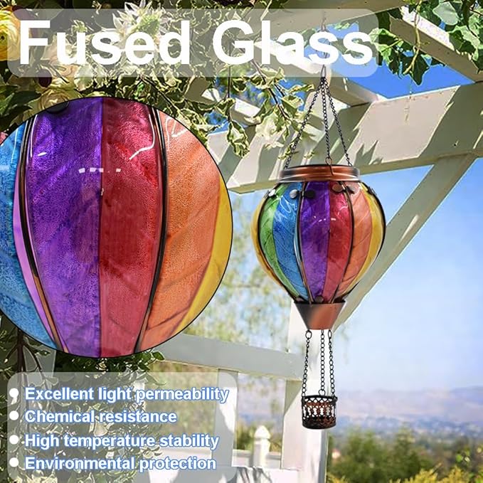 2PCS Solar Hot Air Balloon Lanterns with Flame with Shepherd's Hooks, Glass Hanging Flickering Lights Outdoor Waterproof for Garden Tree Yard Patio Mother's Day Gift, 18" H Colorful