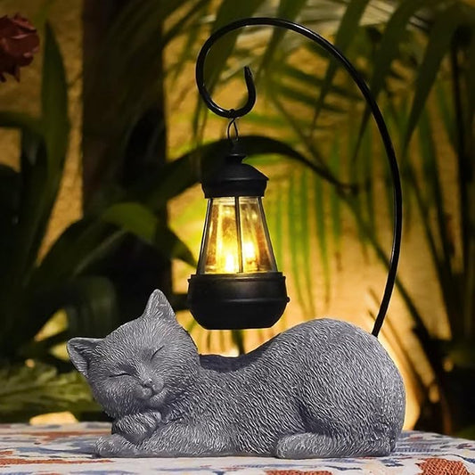 Solar Cat Garden Statue with Lantern, 13 Inch Tall Figurine for Outdoor Decor, Yard, Patio, Lawn and Porch, Solar-Powered Lights Sculpture