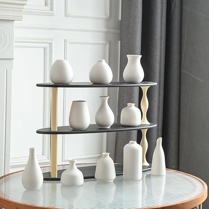 JOJUNO White Bud Vases, Small Ceramic Vase Set of 11, Mini Pottery Vases for Flowers, Decorative Pieces for Home Modern Decor, Boho Decor, Chic Accents for Living Room Dining Table Shelves