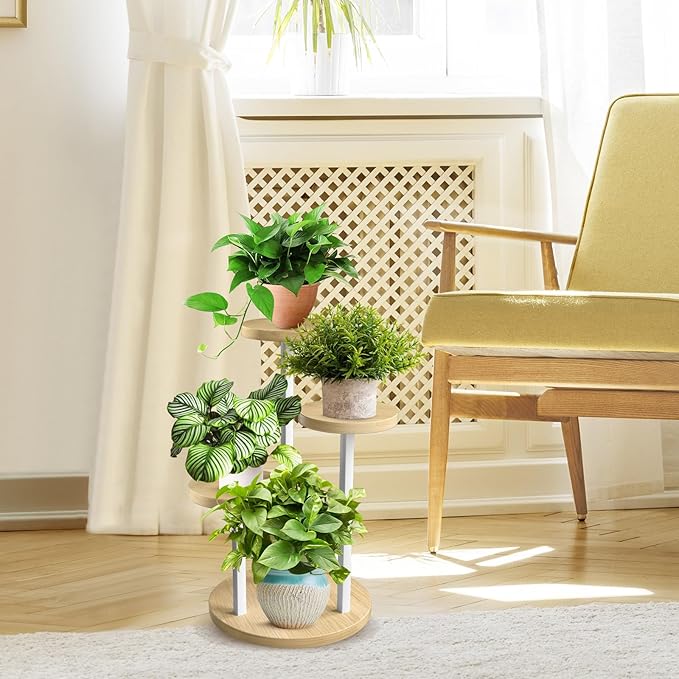 GEEBOBO 3 Tier Plant Stand Indoor, Metal Wood Plant Stands For Indoor Plants Multiple, Corner Tiered Flower Plants Shelf Stand for Living Room Bedroom, White