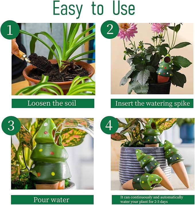 4 Pack Terracotta Christmas Tree Automatic Plant Watering Devices,Household self Watering Planter Insert, Watering Spikes for Indoor Plants,Holiday Potted Plant Continuous Moisture Device