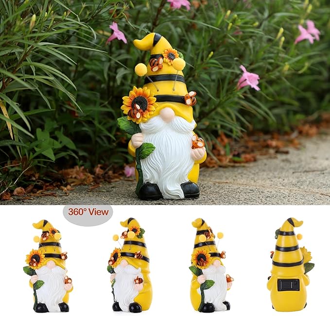 Garden Figurines Gnome Statue Decorations - Solar Resin Spring Bee Gnome Figurine Solar Garden Lights Outdoor Decorations Waterproof for Patio,Yard,Lawn,