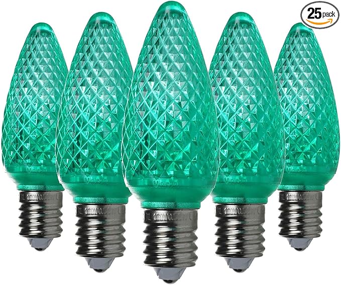 UL Listed Set of 25 C9 Green LED Christmas Lights Replacement Bulbs, Dimmable High Brightness Waterproof Christmas Replacement Bulbs for Outdoor Holiday Decoration