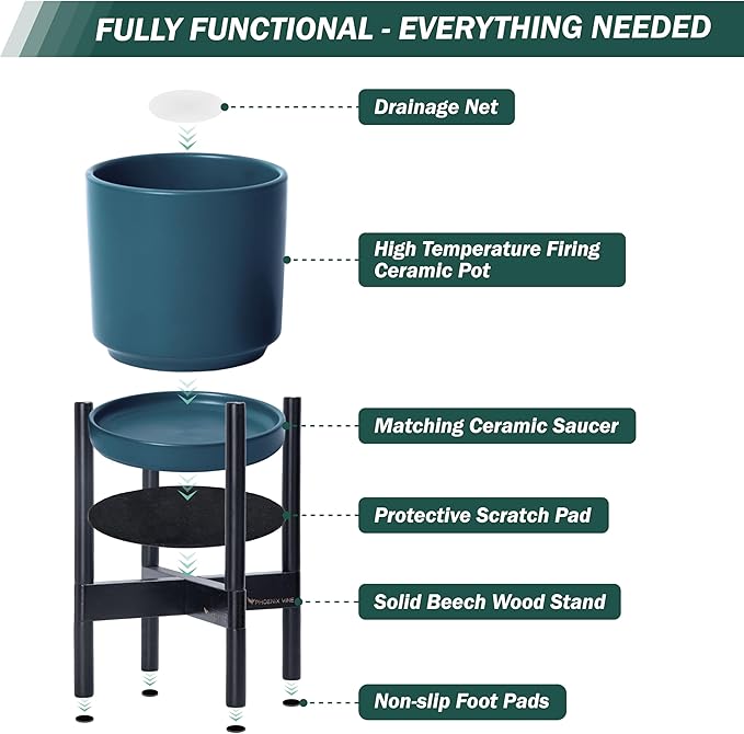 D'vine Dev Ceramic Planter with Ebony Stand - 12 Inch Modern Round Flower Pot with Wood Planter Holder, Teal, 55-B-H-4