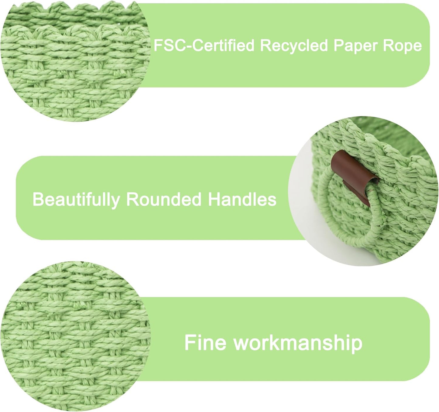 Small baskets for Organizing,Cute woven Storage basket with recycled paper rope for Shelves Bathroom,Little decorative basket,Set of 3 (Light Green)