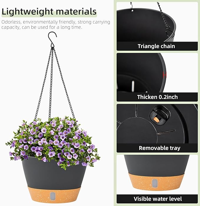 QCQHDU 2 Pack Hanging Planters for Indoor Outdoor Plants, 8 Inch Hanging Baskets Flower Pots with Reservoir Tray & Visible Water-Level