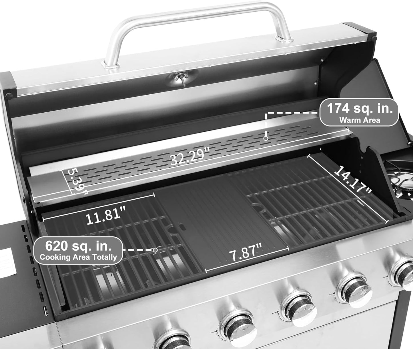 6-Burner Propane Gas BBQ Grill with Side Burner, 57,300 BTU Output, Enameled Cast Iron Grates, Heavy-Duty Stainless Steel Outdoor Grill for Backyard Barbecue