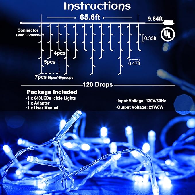 Icicle lights Outdoor - 66ft Christmas Lights with 640LED 120 Drops 8 Modes, Plug in Curtain String Lights Waterproof for Holiday Wedding Party Home Garden Bedroom Indoor Outdoor Decoration, Blue