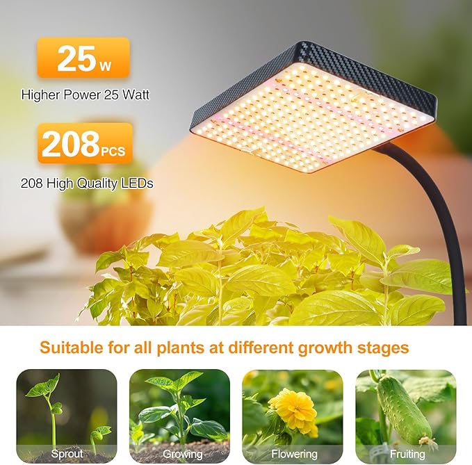 FECiDA Grow Lights for Indoor Plants Full Spectrum, Desk Grow Light, 4/8/12 Hr Timer Table Top Houseplants Grow Lamp, 208PCS LEDs, 2000 Lumen, Bright Enough, 16"-24" Height Adjustable