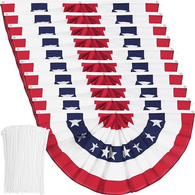 USA Pleated Fan Flag American US Bunting Flag Patriotic Half Fan Banner Flag with Canvas Header and Brass Grommets for 4th of July Memorial Day Indoor Outdoor Decoration (10, 1.5x3 Feet)